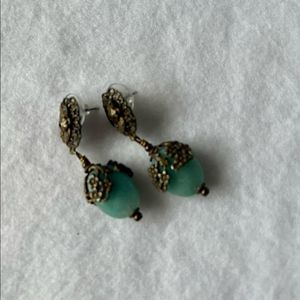 Vintage Jan Michael Turquoise Blue and Brass Drop Post Back Earrings